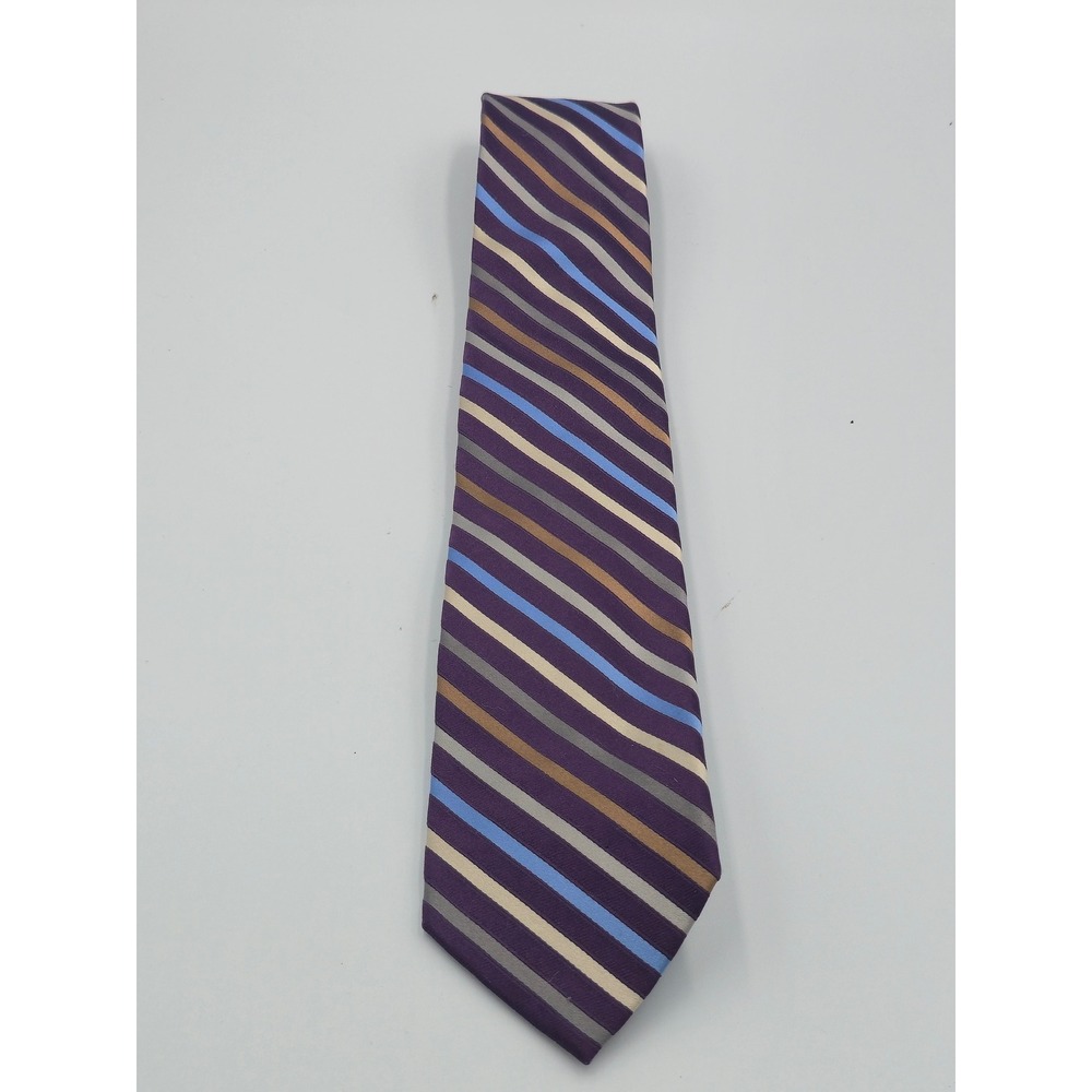 Hart Schaffner Marx Mens Silk Tie Purple Blue Gold Striped Classic Necktie